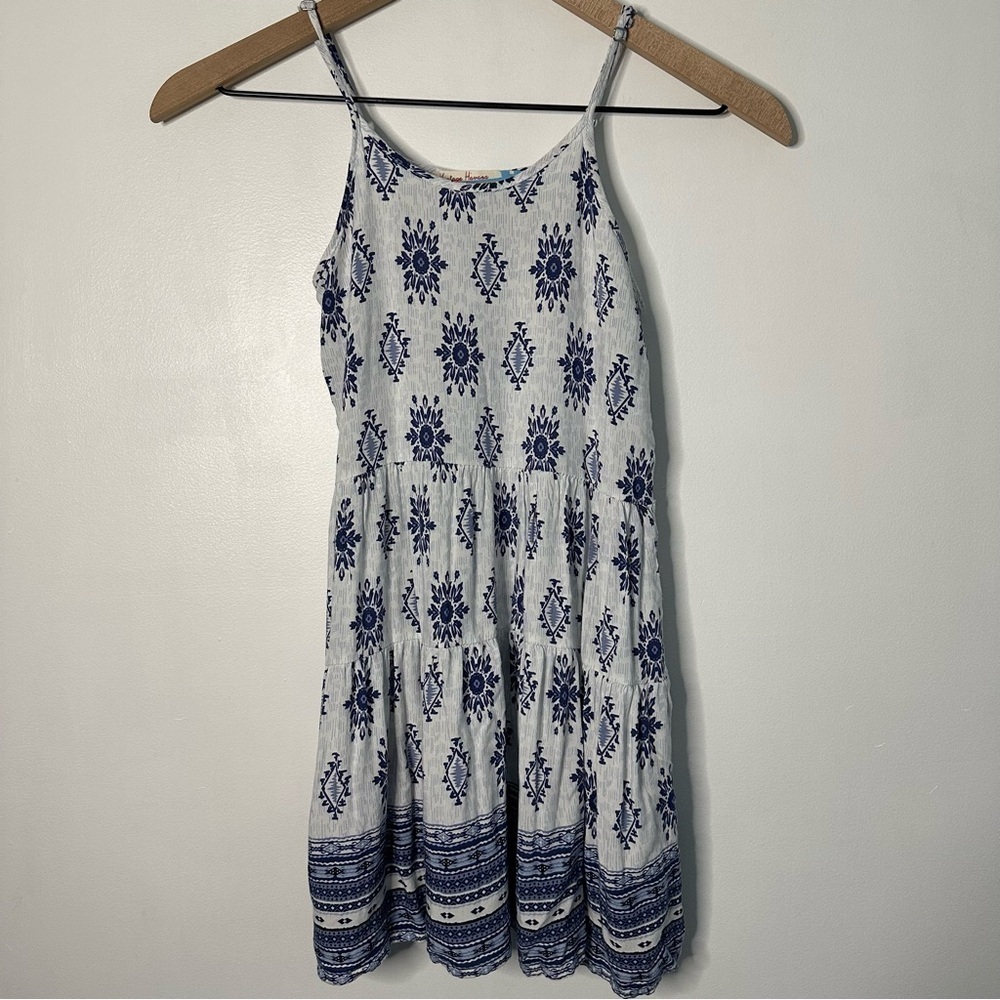 Vintage Havana Girls Sleeveless Tiered Aztec White Blue Dress Size Large